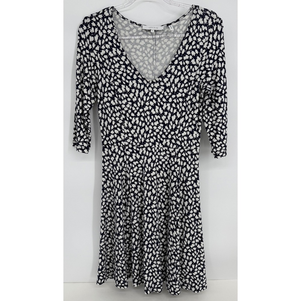 Lark & Ro Womens Navy Blue White Floral Tulip V-Neck Fit and Flare Dress Size M
